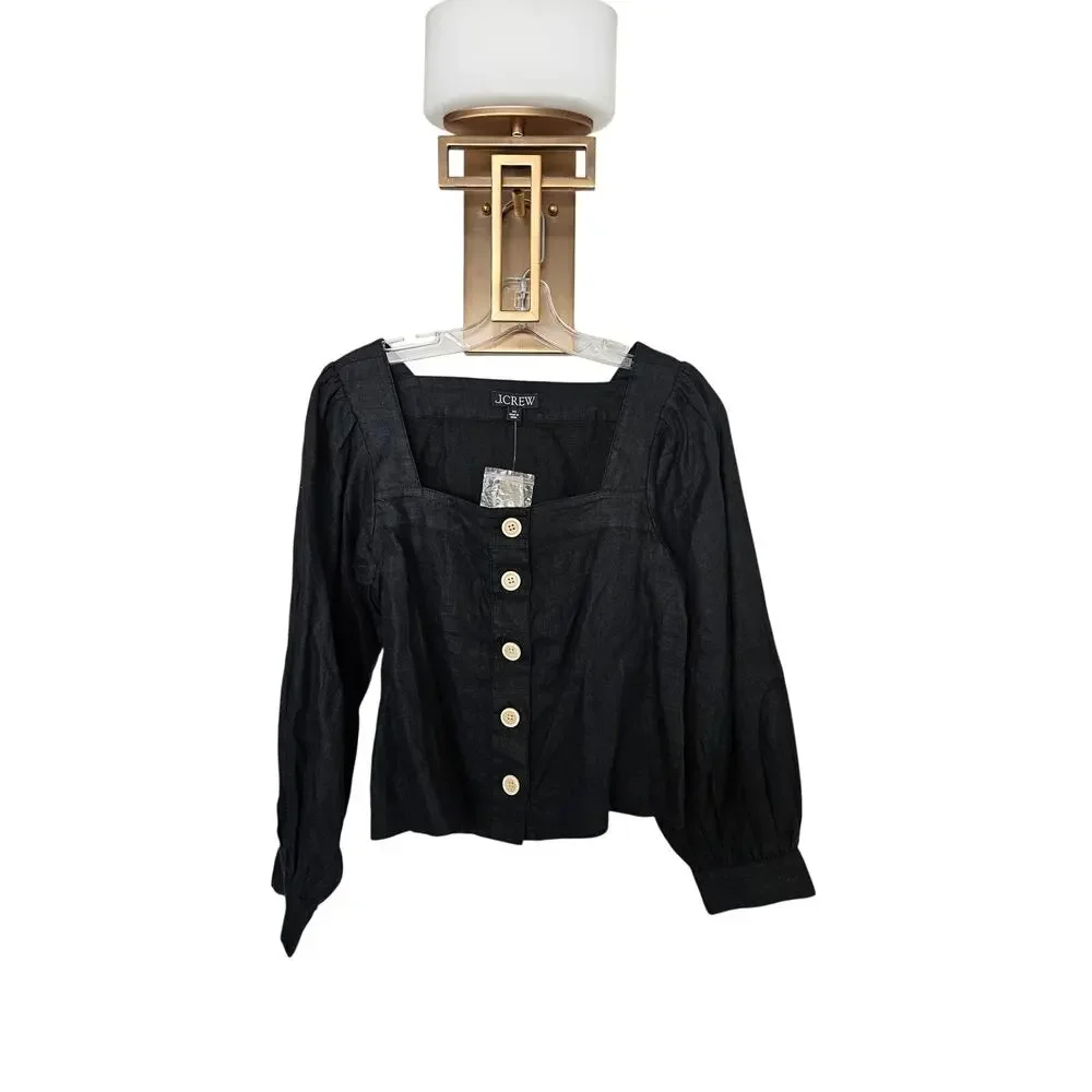 J. Crew Black Squareneck Button-Up Linen Top NWT Size X-Small